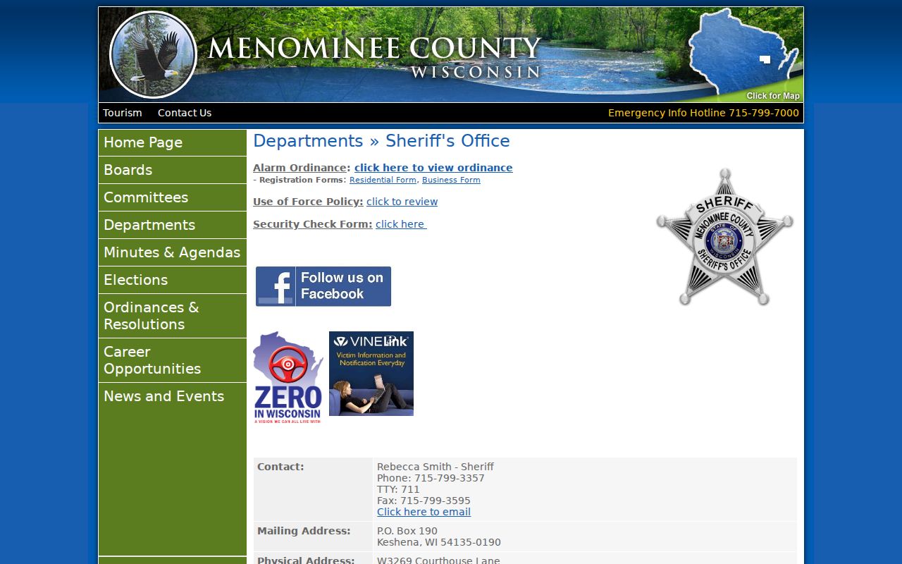 Menominee County arrest history Sheriff office contact page