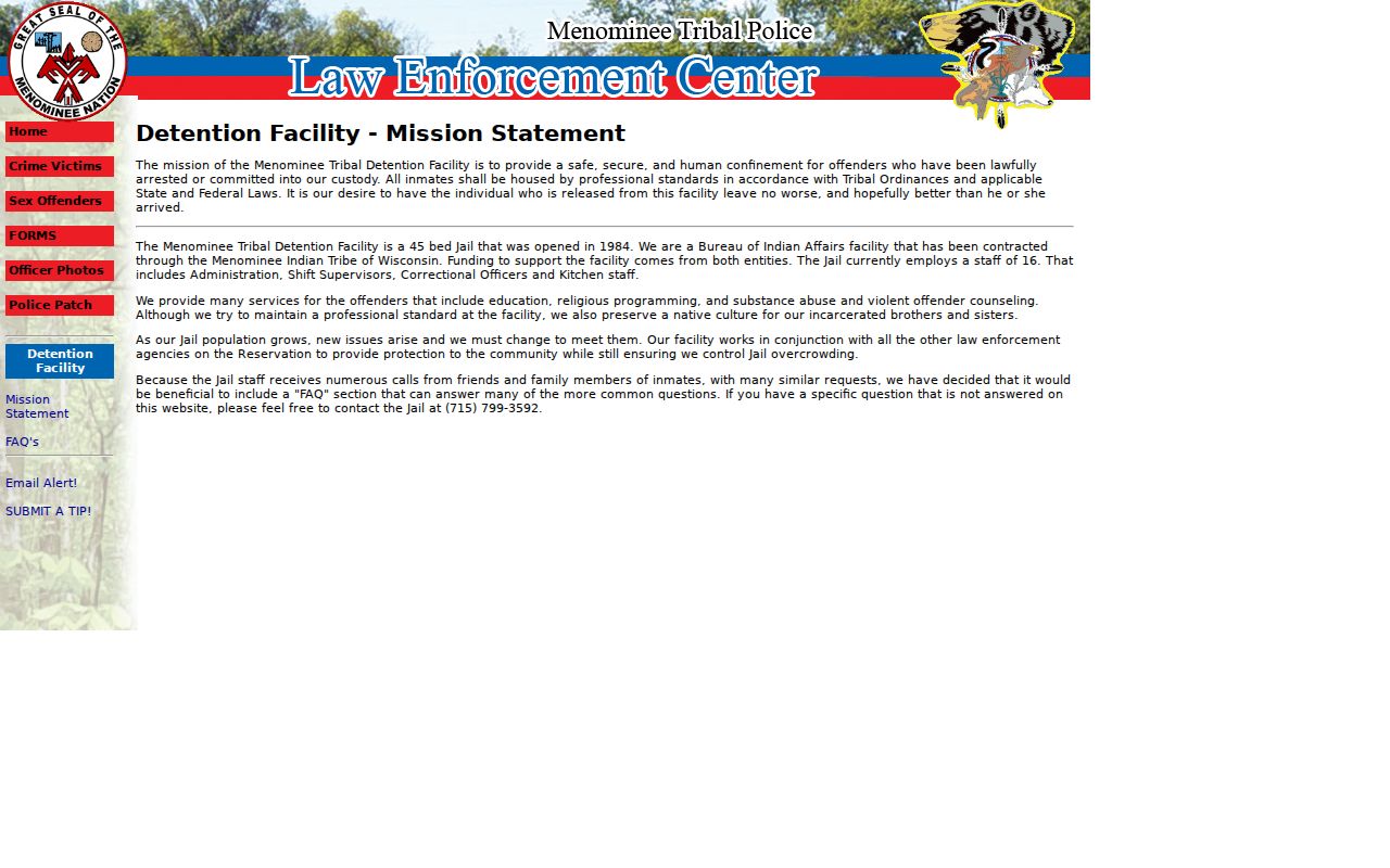 Menominee County arrest history Tribal Detention Facility page