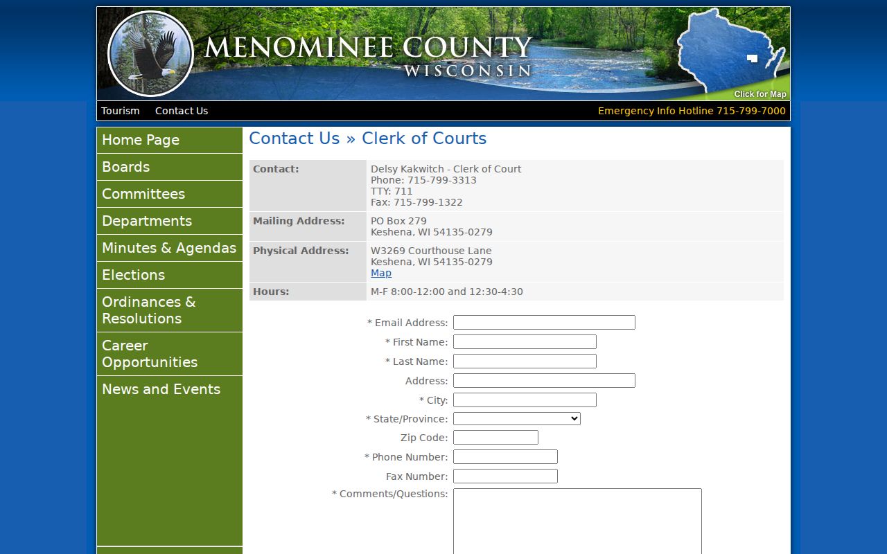 Menominee County criminal case records clerk contact page