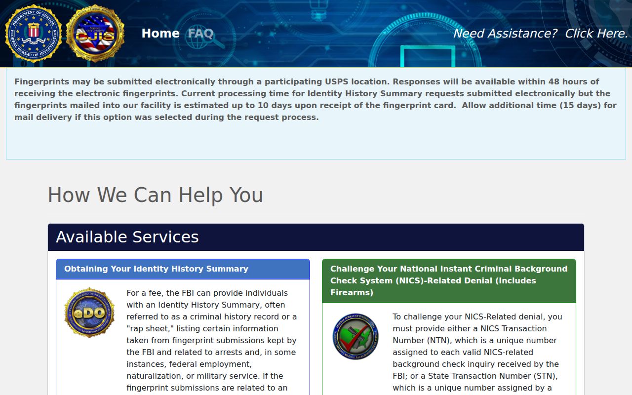 Menominee County criminal history FBI identity review portal