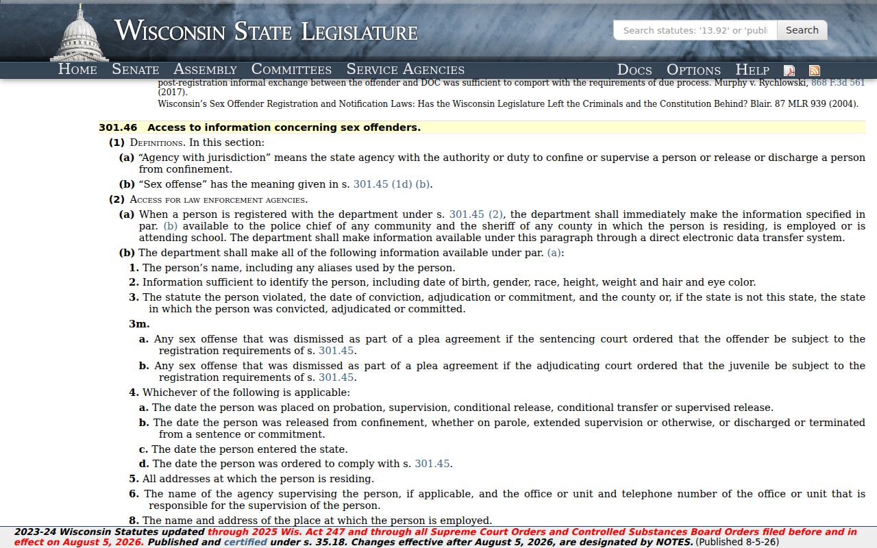 Wisconsin community notification law for Menominee County registry records