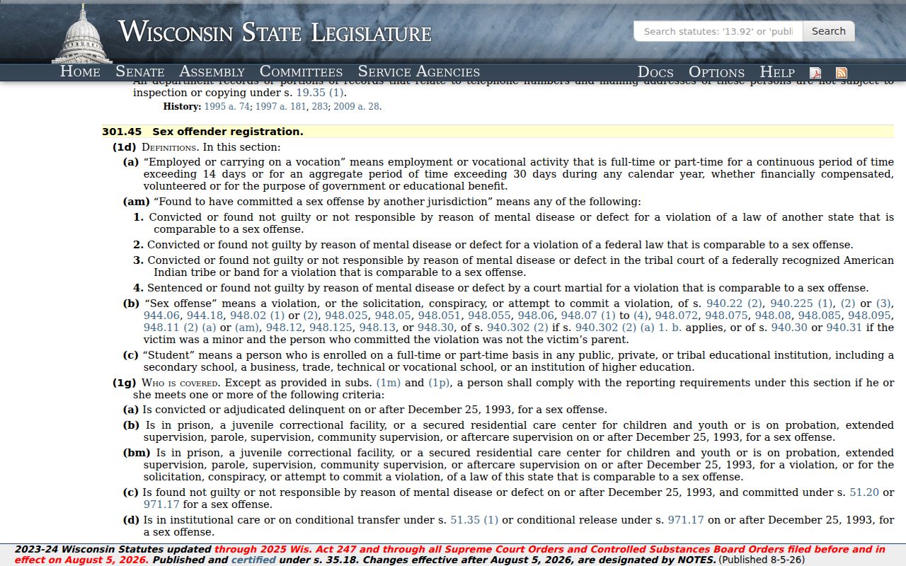 Wisconsin registration law for a Menominee County sex offender check